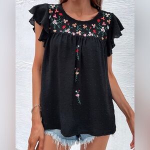 Black Swiss Dot Top with crocheted flower detail